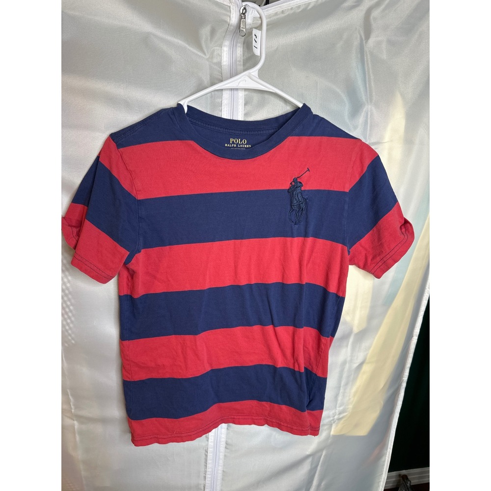 Polo Ralph Lauren Boys Red Navy Blue Striped Big Pony T-Shirt Size M 10-12